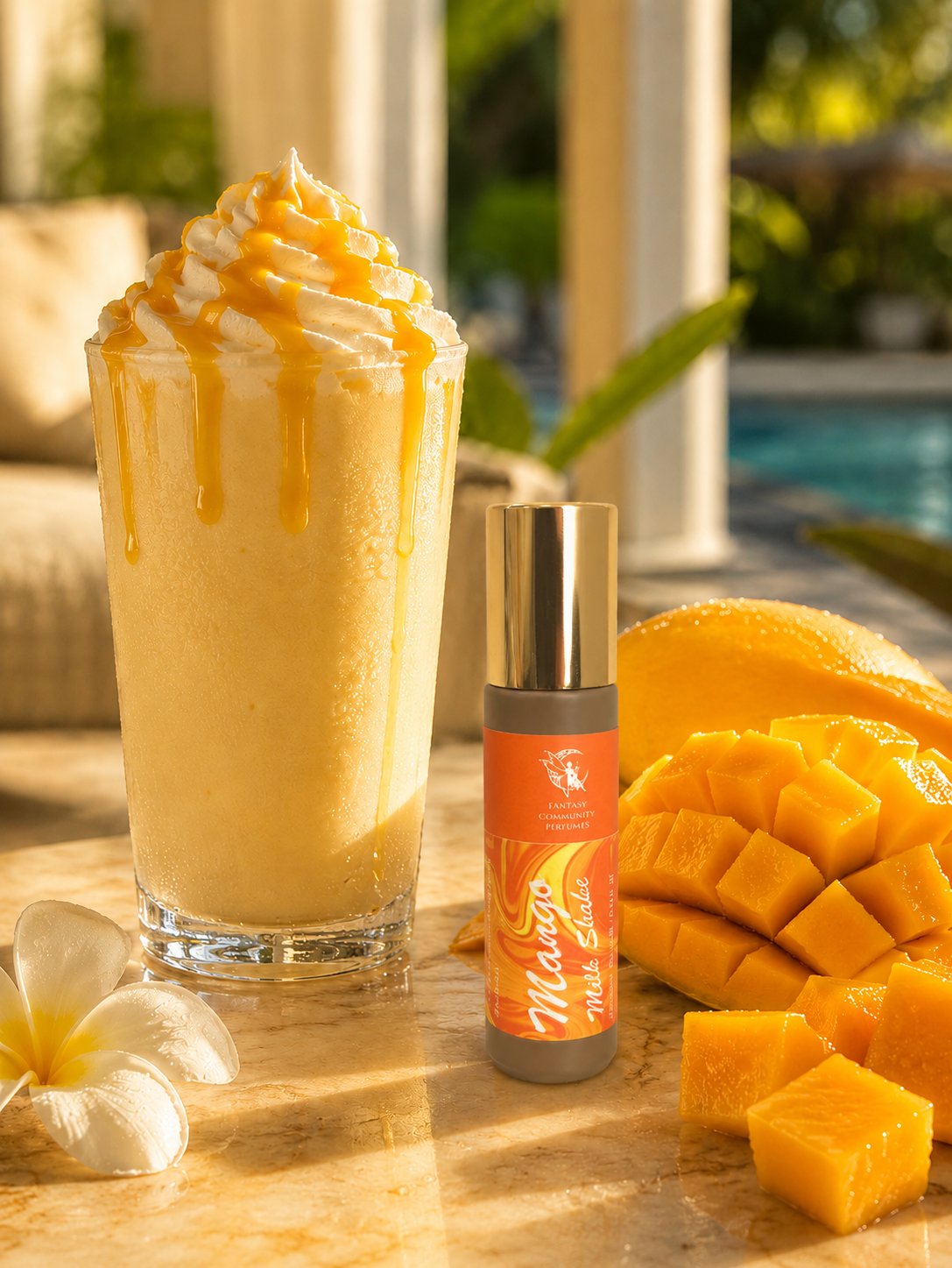 Mango Milk Shake roll-on — літній ритуал: ролик, сонце, коктейль у високій склянці