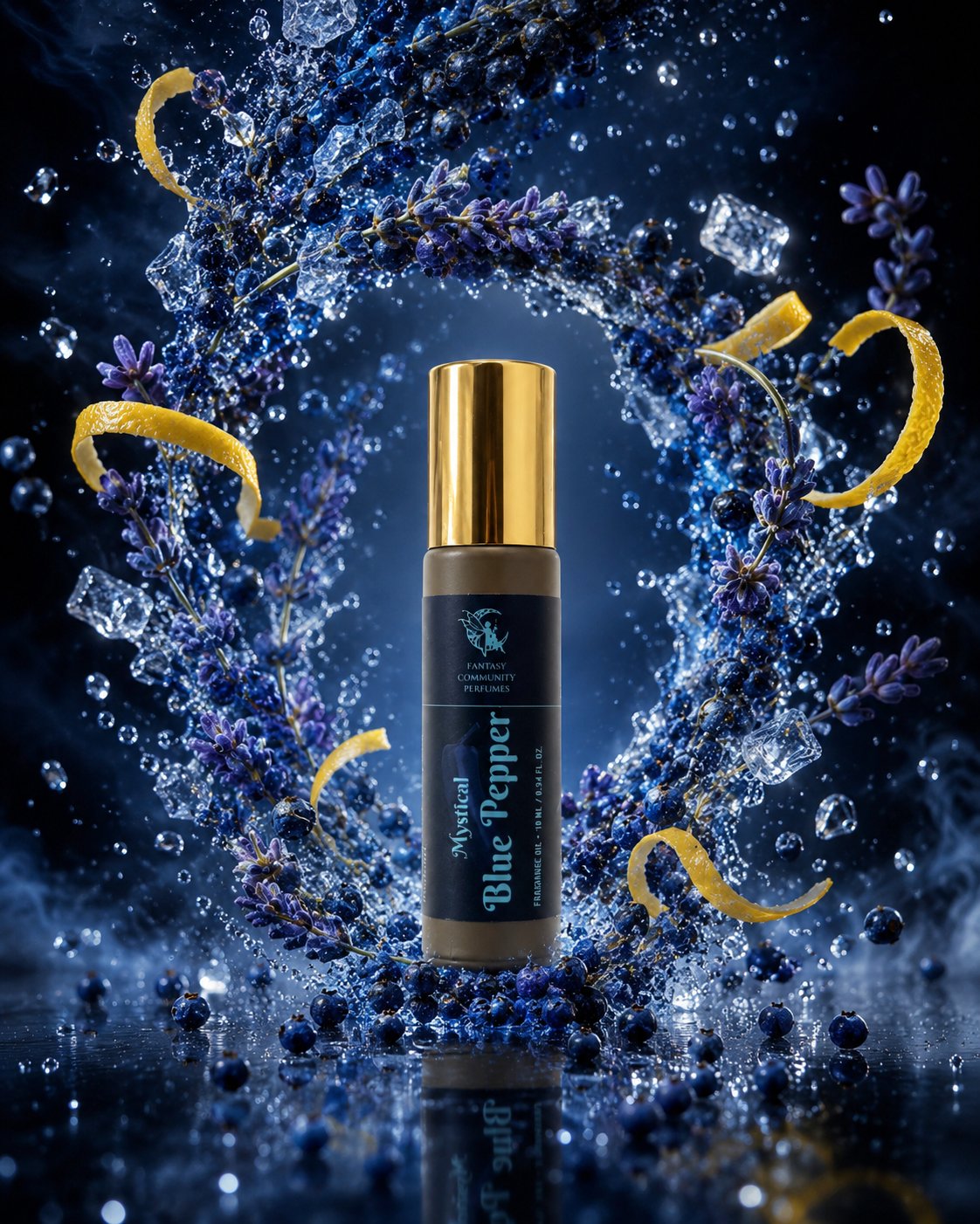 Mystical Blue Pepper roll-on — вечірній ритуал: ролик, темно-синя сорочка, вогні міста
