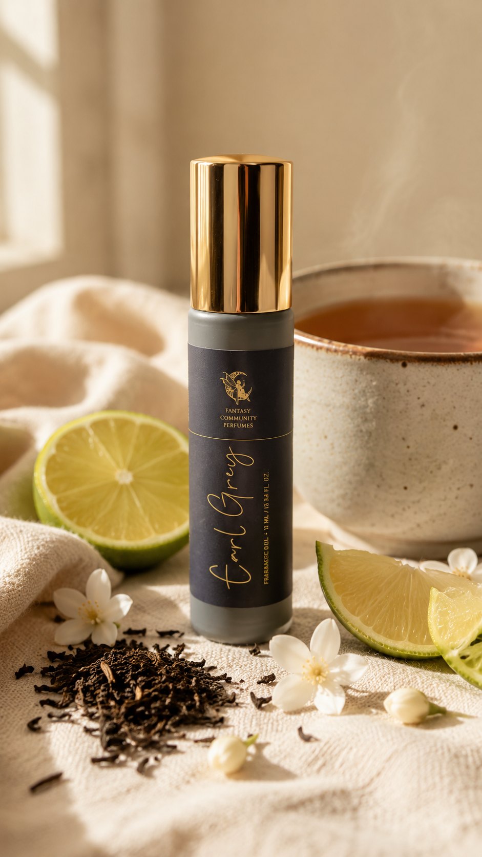 Ролл Earl Grey біля чашки чаю з лаймом і жасмином