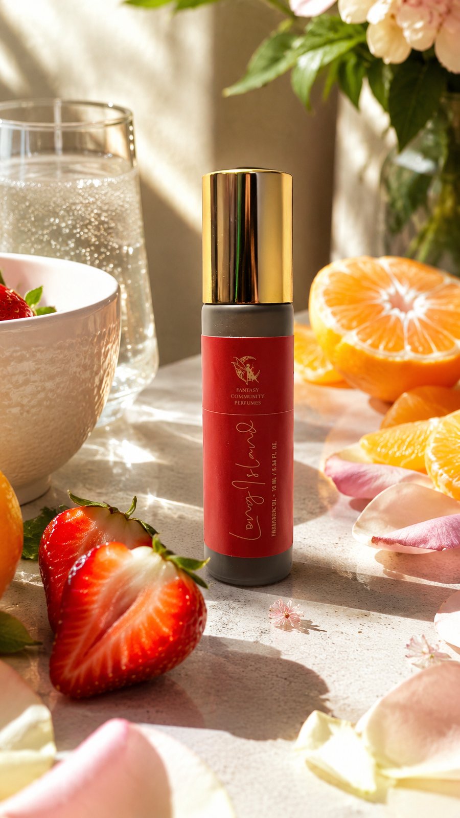 Long Island — флакон, склянка води, апельсин, полуниця, пелюстки