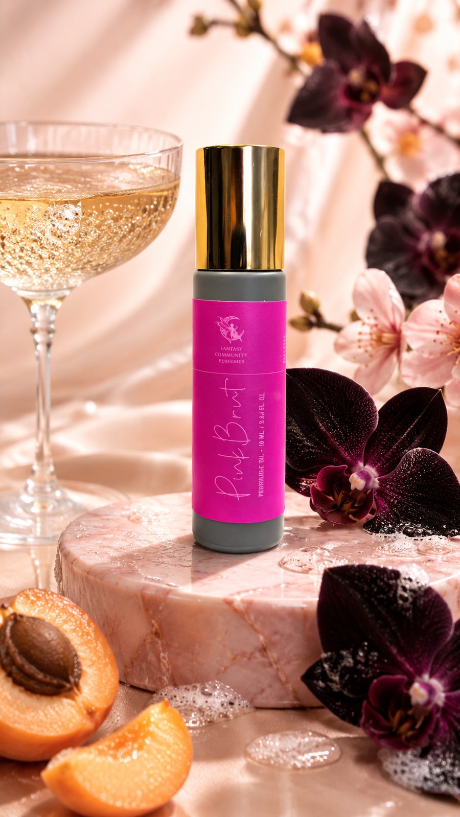 Pink Brut Tenderis Molecular — флакон, келих ігристого, орхідея, абрикос