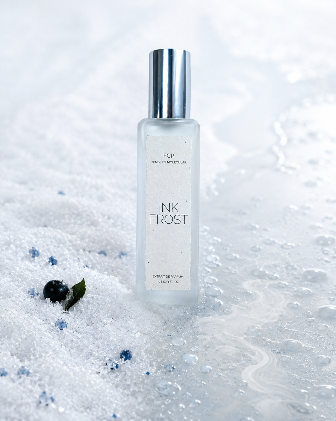 INK FROST — формула, вигравіювана в льоду, поруч флакон