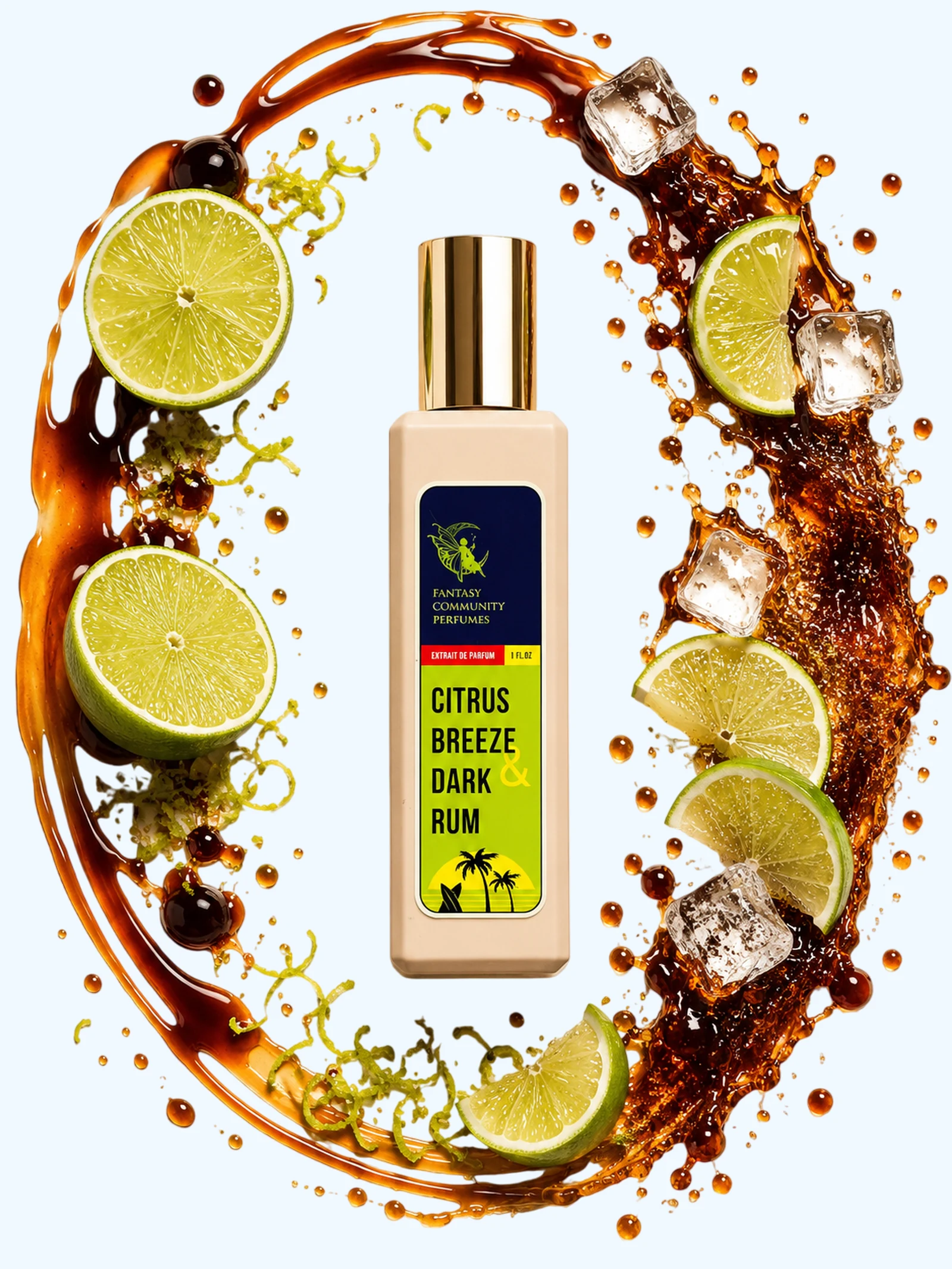 Флакон Citrus Breeze & Dark Rum 30 мл серед свіжого лайма, цитрусової цедри, склянки темного рому і келиха з льодяною Пепсі на теплому амбровому тлі