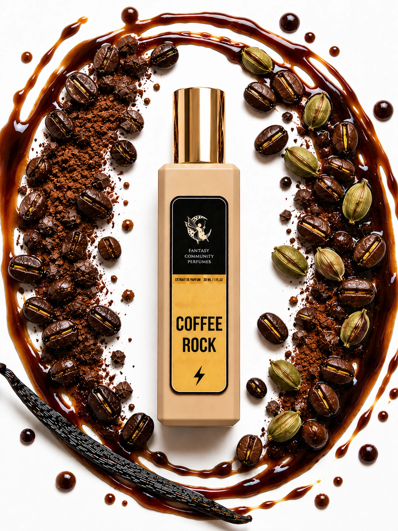 Флакон Coffee Rock 30 мл серед обсмажених зерен арабіки, зелених кавових зерен, розкритих коробочок кардамону і темного дерева на графітовому тлі