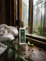 Долоня з флаконом Herbal Skin на тлі лляної тканини холодного відтінку — близький деревно-тілесний шлейф ефекту другої шкіри
