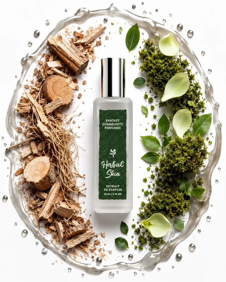 Флакон Herbal Skin 30 мл на прохолодному світлому тлі з гілками кедра і зеленню — молекулярний деревно-зелений аромат FCP