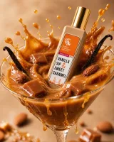 Долоня з флаконом Vanilla Sip на тлі вовняного шарфа кольору карамелі — близький молочний шлейф на холодному повітрі