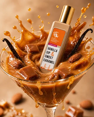 Долоня з флаконом Vanilla Sip на тлі вовняного шарфа кольору карамелі — близький молочний шлейф на холодному повітрі
